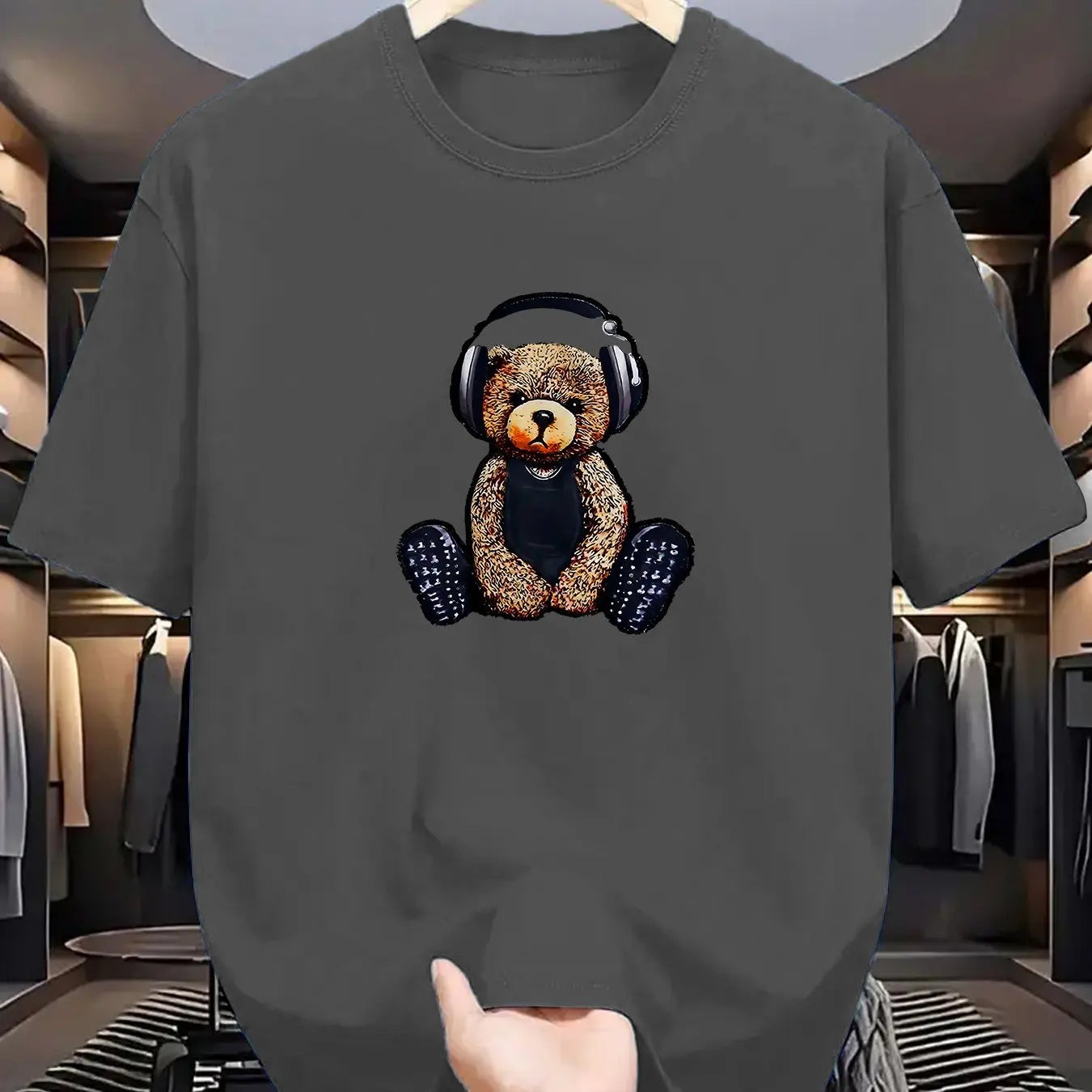 Men's Summer 100% Cotton Fashionable Casual Sports Loose Teddy Bear Headphones Print Round Neck Short Sleeve T-shirt Top