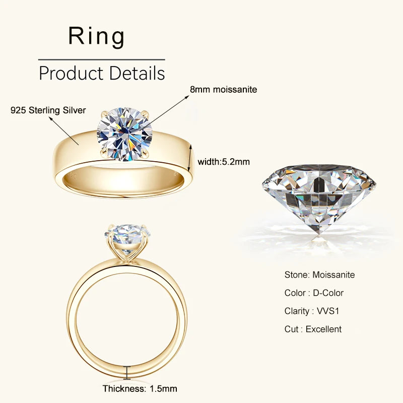 Lnngy 8mm Moissanite Solitaire Ring Certified 925 Sterling Silver Wide Chunky Rings For Women Girls Wedding Party Jewelry Gift