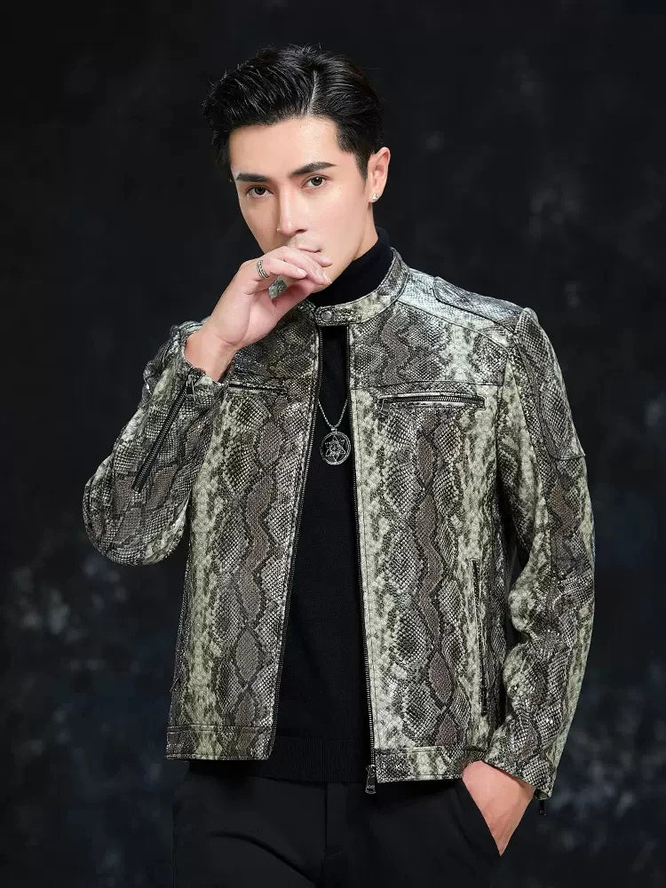 Men’s Python Pattern Sheepskin Leather Jacket – Slim Fit Stand Collar Moto Biker Coat