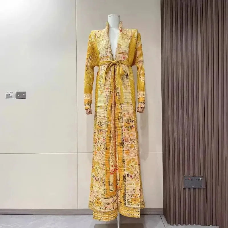 KAF Pleated Women Large Size Trench Coat 2024 Spring and Autumn New Vintage Printed Design Female Robe Arab Luxury Abaya