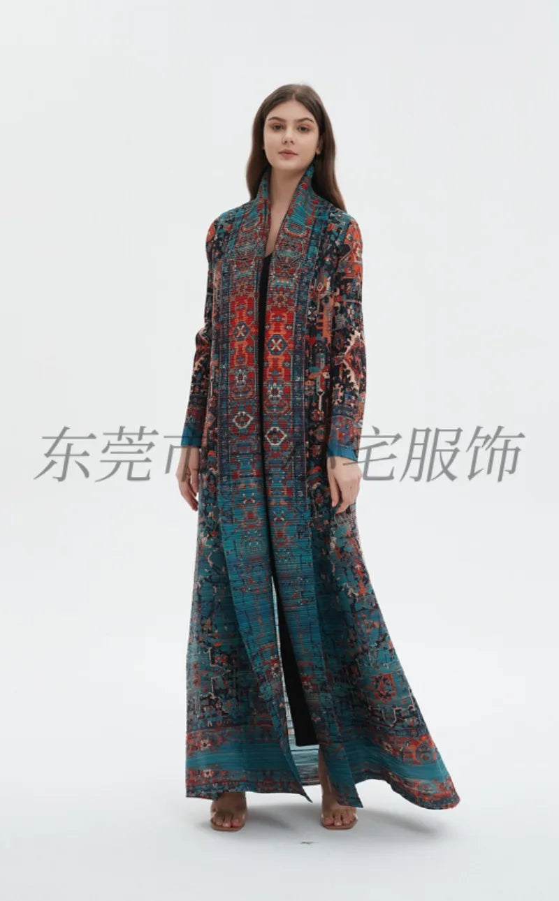 KAF Pleated Women Large Size Trench Coat 2024 Spring and Autumn New Vintage Printed Design Female Robe Arab Luxury Abaya