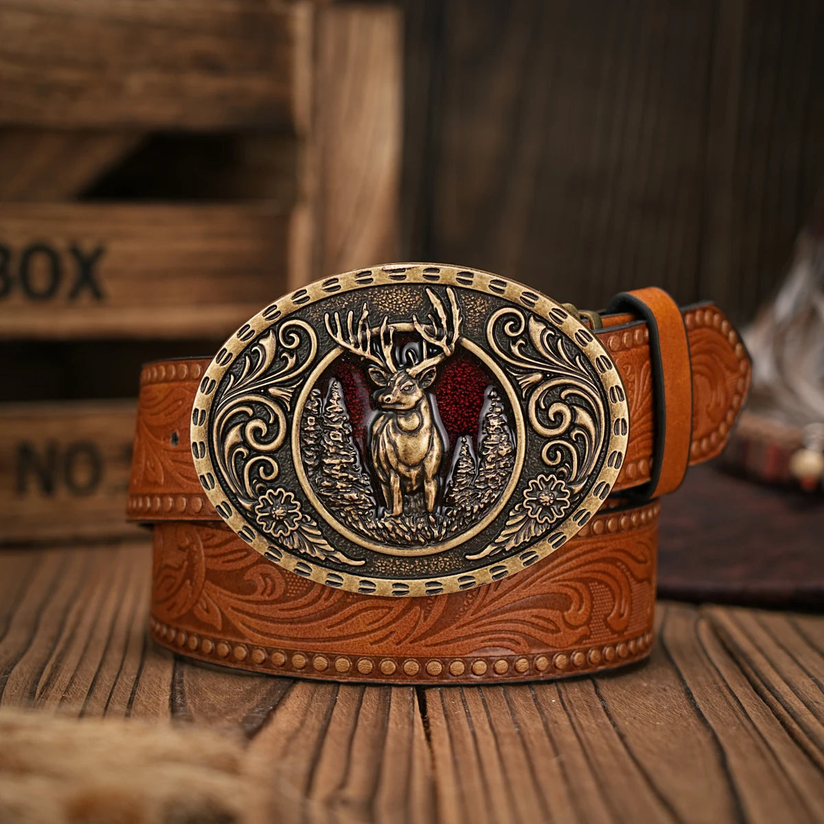 Men - Women - Western Denim - pu leather - Belt - Vintage jeans with floral carved buckle belt