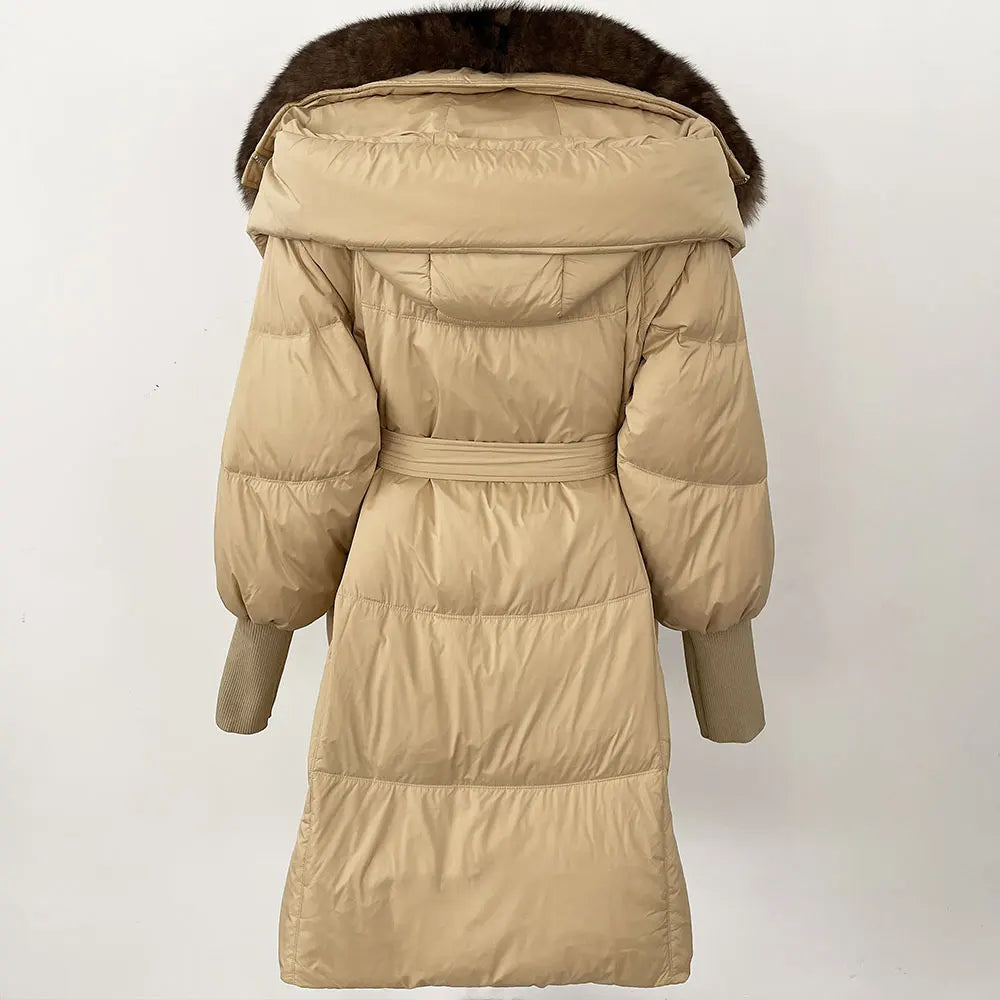 2025 Autumn Winter Women Coat Real Natural Fox Fur Long Down Jacket Thick Warm Casual Hooded White Duck Down Elegant Overwears