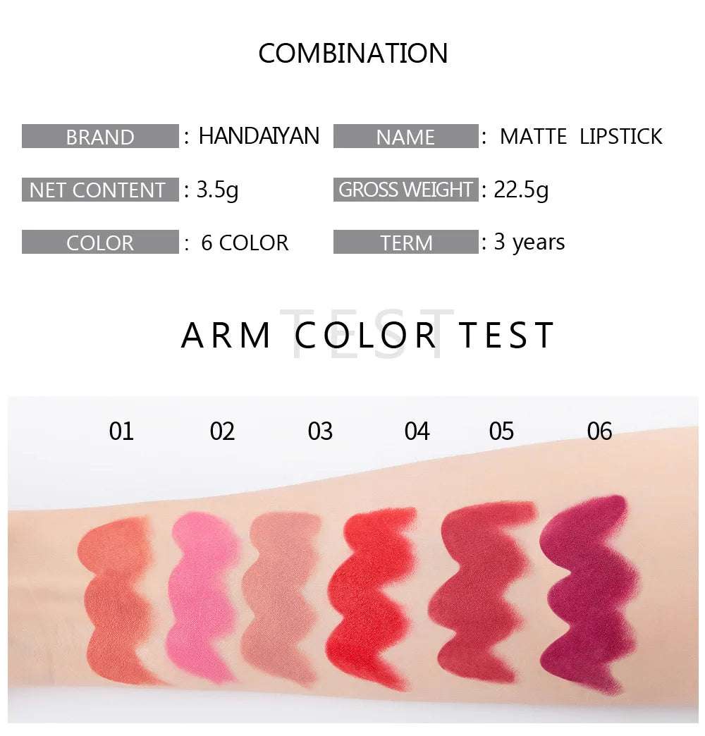 HANDAIYAN 6 Colors Matte Nude Lipstick Waterproof Long Lasting Sexy Red Purple Lip Stain Velvet Lipstick Beauty Makeup For Women