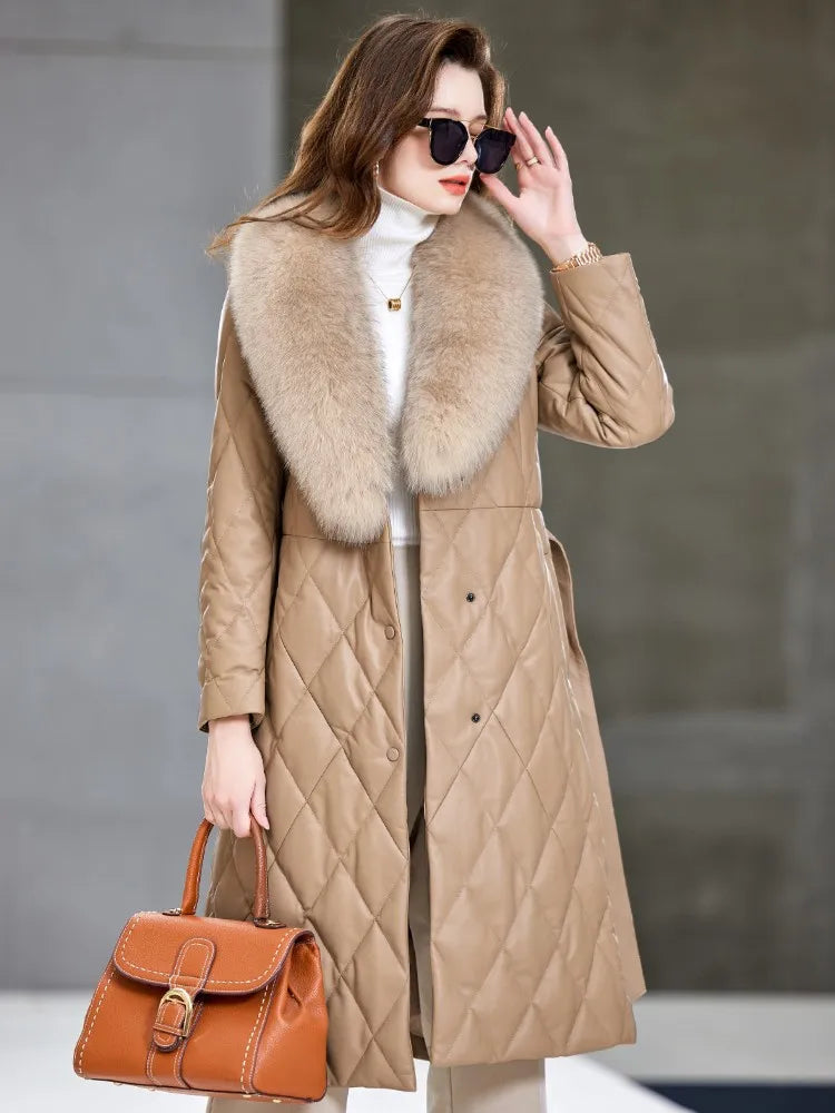 Women Winter Warm Sheepskin Long Down Jacket Belted Fox Fur Collar Elegant Lady Genuine Leather Overcoat Windproof Trench Coat