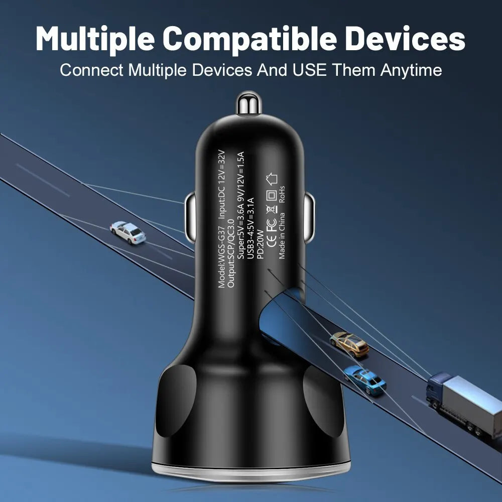 شاحن سيارة 4 منافذ USB PD 250 وات من النوع C، محول شحن سريع للهواتف المحمولة لأجهزة iPhone وSamsung وHuawei وXiaomi وQC 3.0
