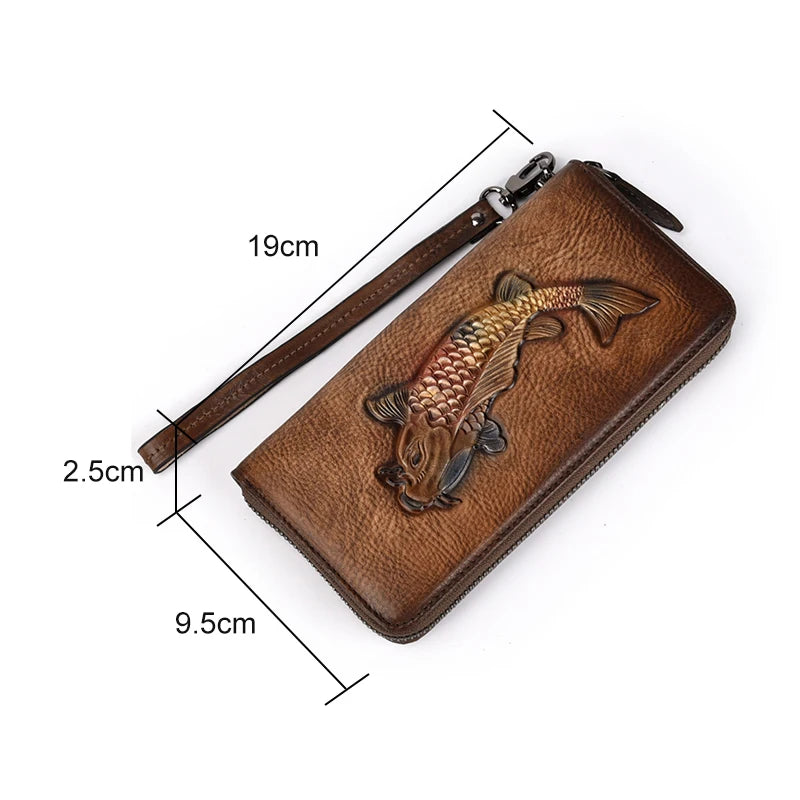 Motaora Women's Wallet Retro Genuine Leather Wallet For Female New Wristband Zipper Cell Phone Bag Golden Fish Engraved Clutches