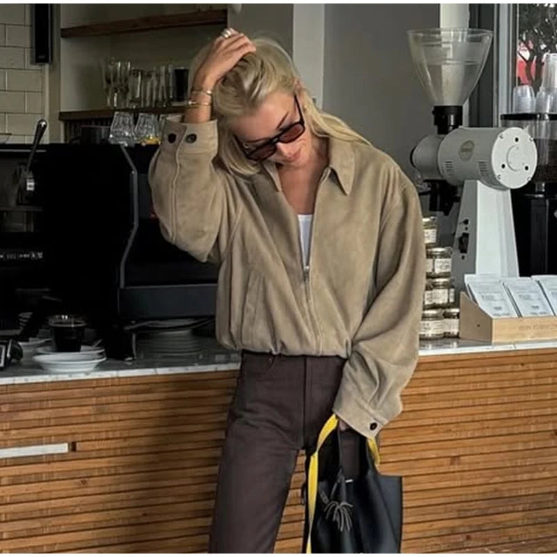 Street Women's Suede Bomber Jacket Fashion Lapel Zipper Full Sleeve Female Coats 2025 Spring Lady Casual Commute Vintage Outwear