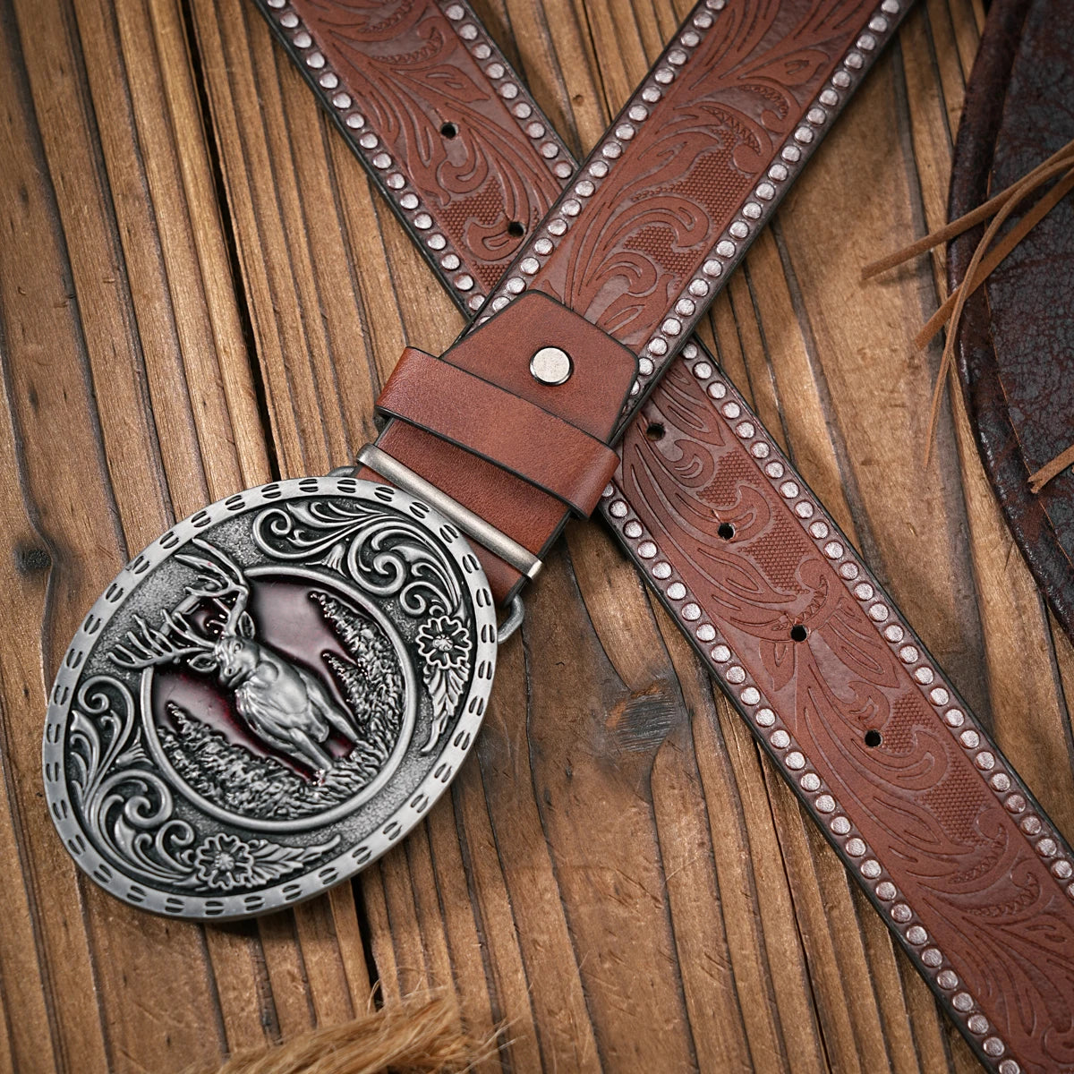 Men - Women - Western Denim - pu leather - Belt - Vintage jeans with floral carved buckle belt