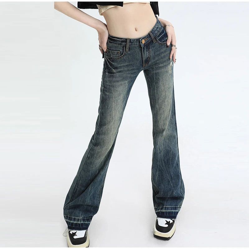 Vintage Women's Denim Low Rise Slightly Flared Jeans Pant Retro Pattern Printed Trendy Skin Fit Casual Daily Streetwear Trousers