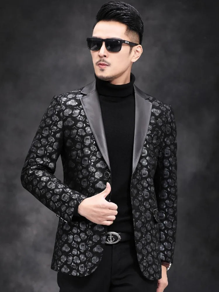 New Designer Business Men Work Floral Printed Blazer Suit Coat Autumn Slim Fit Single Breasted Sheepskin Genuine Leather Jacket
