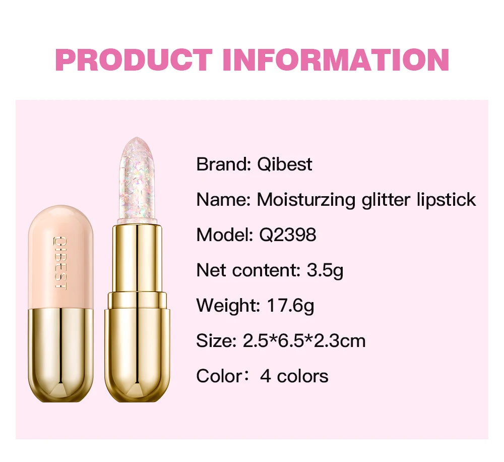 QIBEST Glitter Lipstick Lip Balm Color Change Transparent Moisturizing Crystal Jelly Pearlescent Lip Plumper Gloss Tint Cosmetic