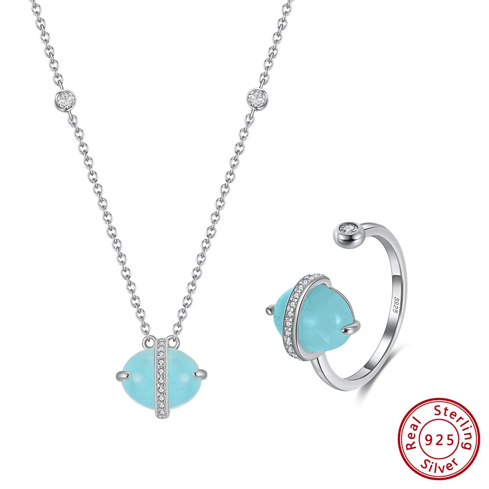 ORSA JEWELS 925 Sterling Silver Natural Aquamarine Earrings Necklace Ring Set 14K Gold Plated for Women Jewelry Sets Gift SSGM04
