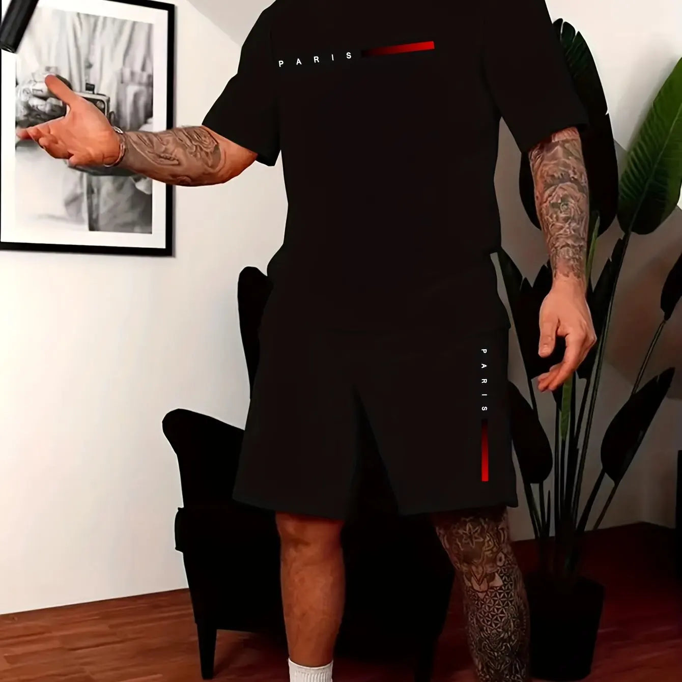 Men’s Summer Casual Two-Piece Set,Paris Letter Print | Oversized Loose Fit | T-Shirt + Shorts | Lightweight Comfort
