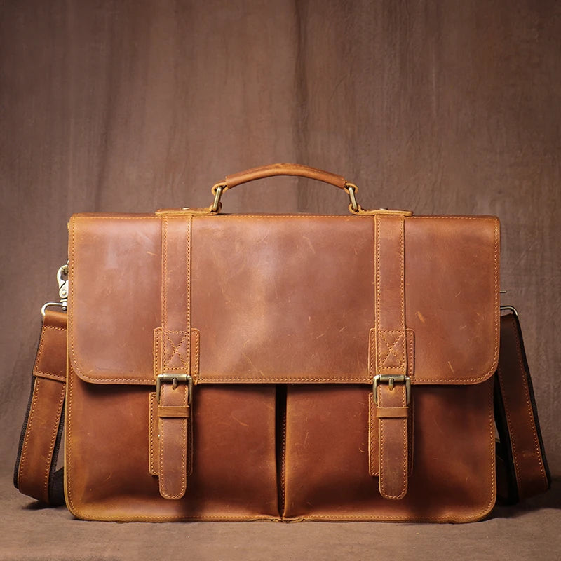 LUOKIR Vintage Crazy Horse Briefcase Travel Genuine Leather Handbag Luxury Men's Messenger Computer Shoulder Bag 14 Inch Laptop