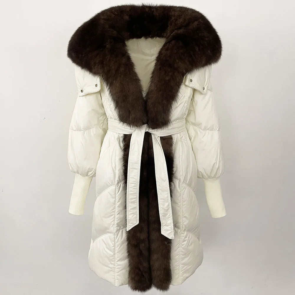 2025 Autumn Winter Women Coat Real Natural Fox Fur Long Down Jacket Thick Warm Casual Hooded White Duck Down Elegant Overwears