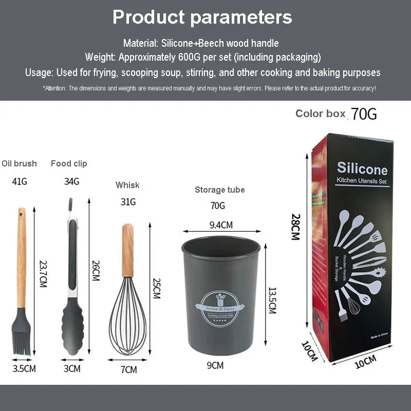 12Pcs Silicone Kitchen Utensils Cooking Wooden Handle Non Stick Pot Kitchenware Set Storage Bucket Silicone Kitchen Utensils