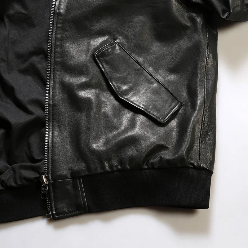 Embroidered eagle wings leather baseball jersey men stand-up collar full vegetable tanned sheepskin genuine leather jacket tops