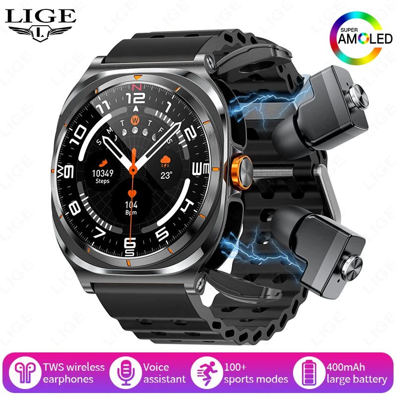 LIGE New Smart Watch With 2 in 1 TWS Wireless Headset Bluetooth Call 1.53" AMOLED Screen 400mAh IP67 Waterproof Sport Smartwatch