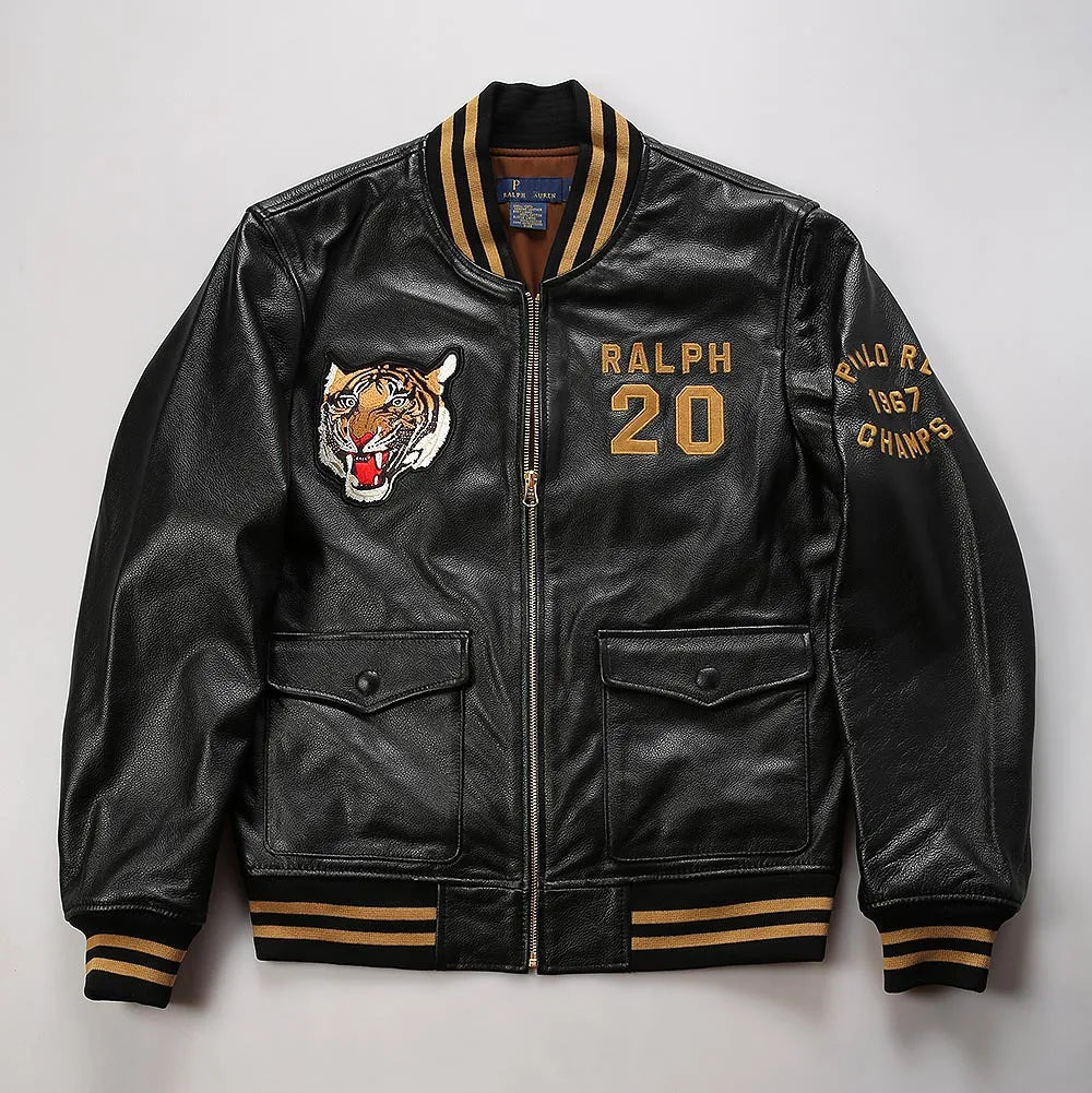 Men's top quality stand collar real leather jacket baseball tiger embroidery Fashion leisure first layer cowhide leather coat
