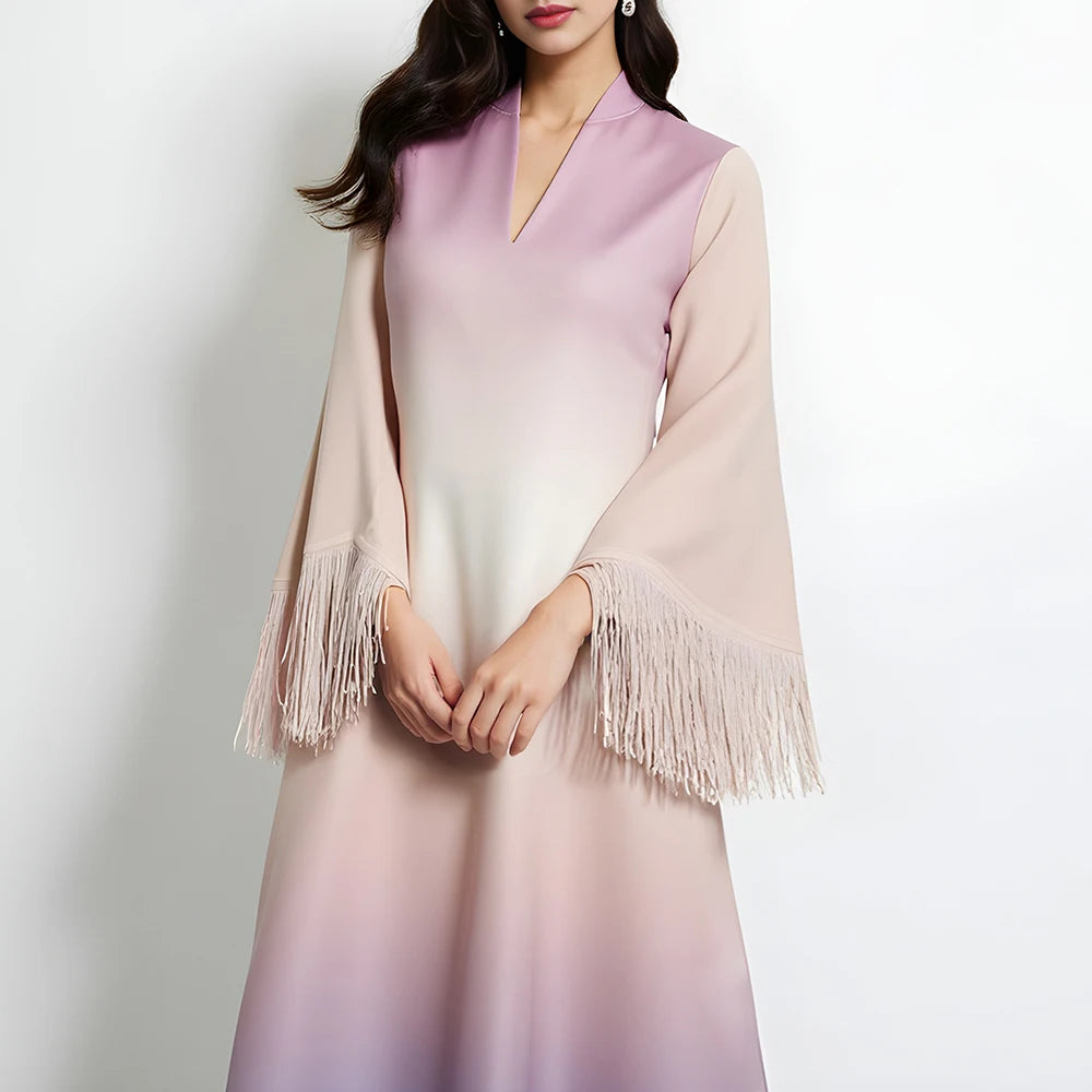 Rafiah Women's Dresses Summer Elegant Decent 2025 Gradient Tassel Long Sleeve V-Neck Midi A Line Casual Long Dress