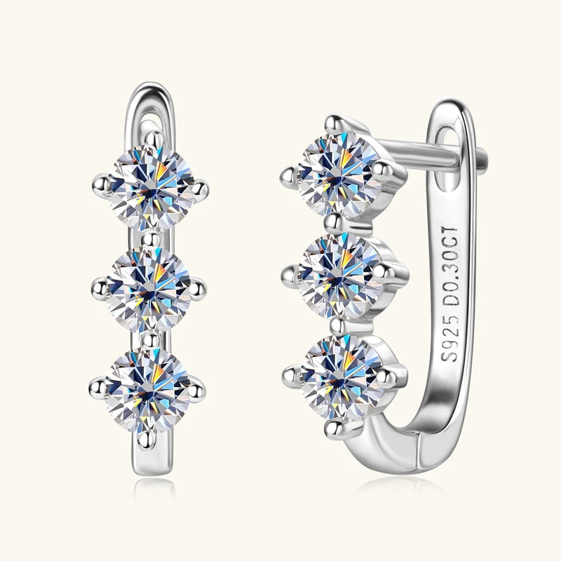 Lnngy Korean INS 3mm Three Stone Moissanite Earrings For Women 925 Sterling Silver U-Shaped Earrings Hoop Pendientes Jewelry