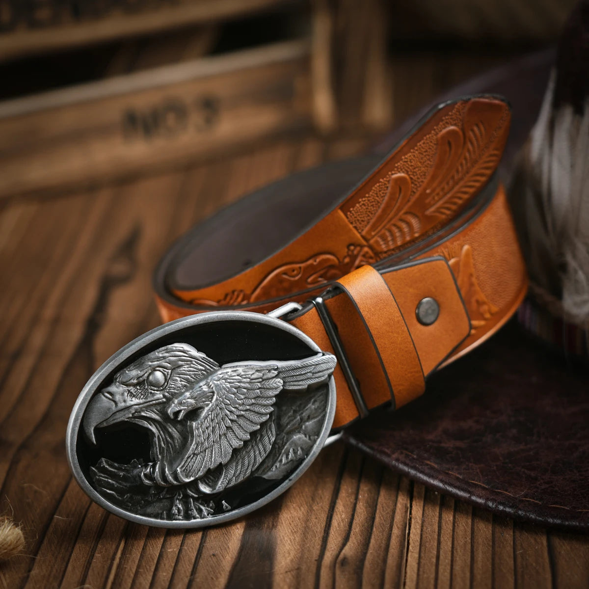 Western Cowboy Leather Buckle Belts eagle Pattern Floral Engraved Buckle Belt for Men