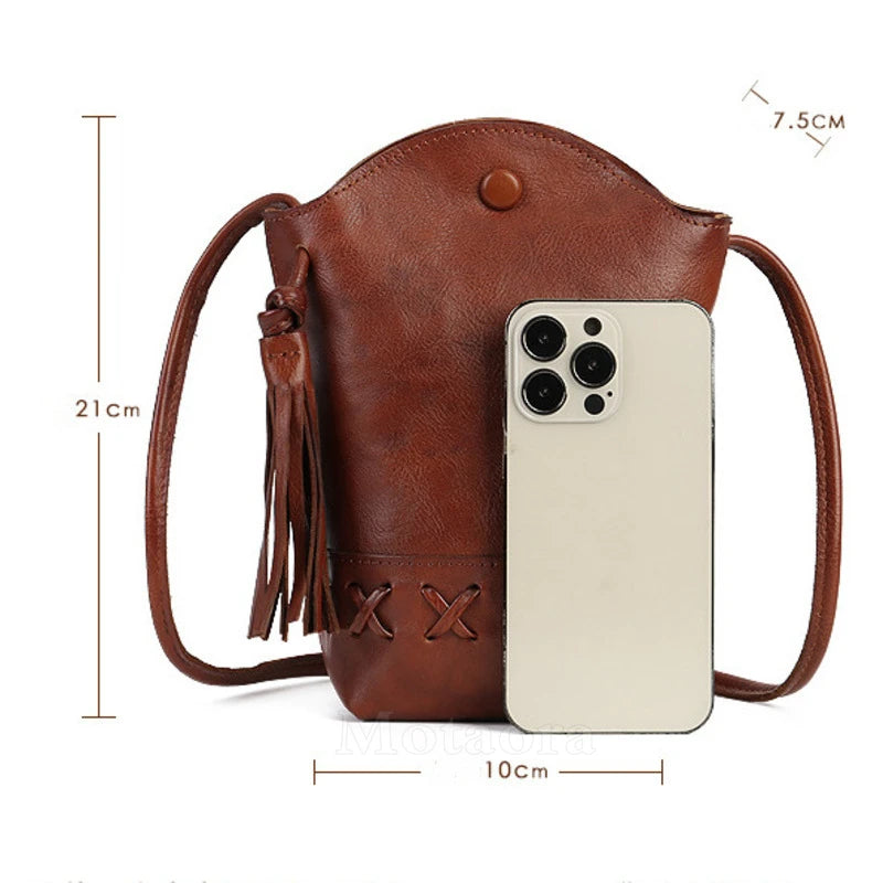 MOTAORA New Small Cowhide Women Shoulder Bag Casual Tassel Bucket Handbag Mini Genuine Leather Mobile Phone Crossbody Bag Purse