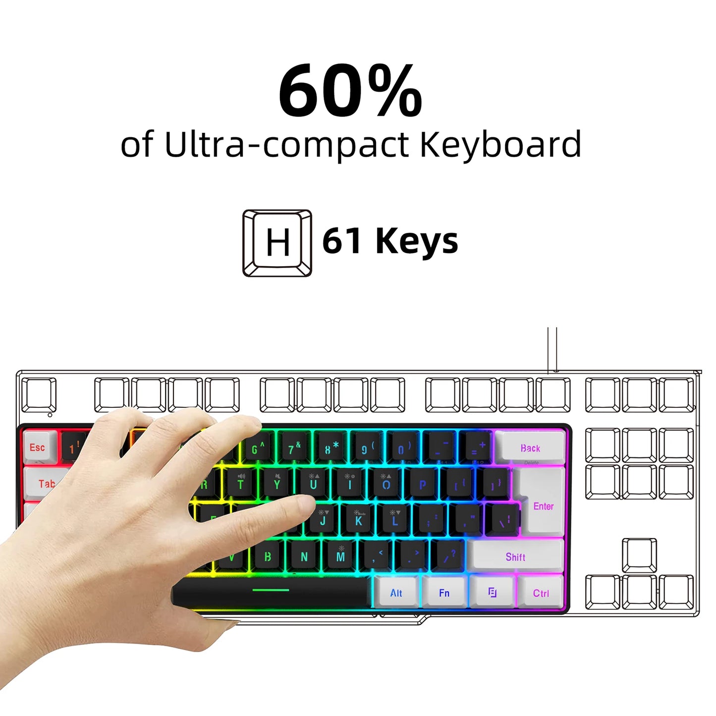 HXSJ V700BW A869 USB Keyboard Mouse Kit 61-key Wired RGB Backlight Computer Keyboard Colorful LED Lighting 3200DPI Gaming Mouse