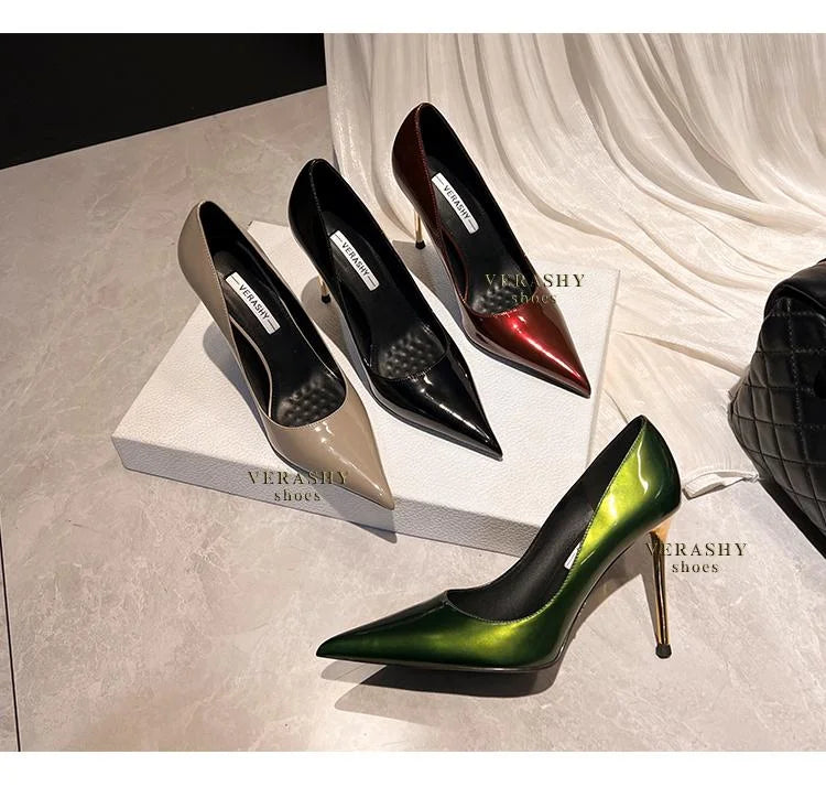 Green Shoes Quality Woman Pumps Patent Leather High Heels Sexy Party Shoes Metal Stilettos Luxury Wine red High-heeled Shoes