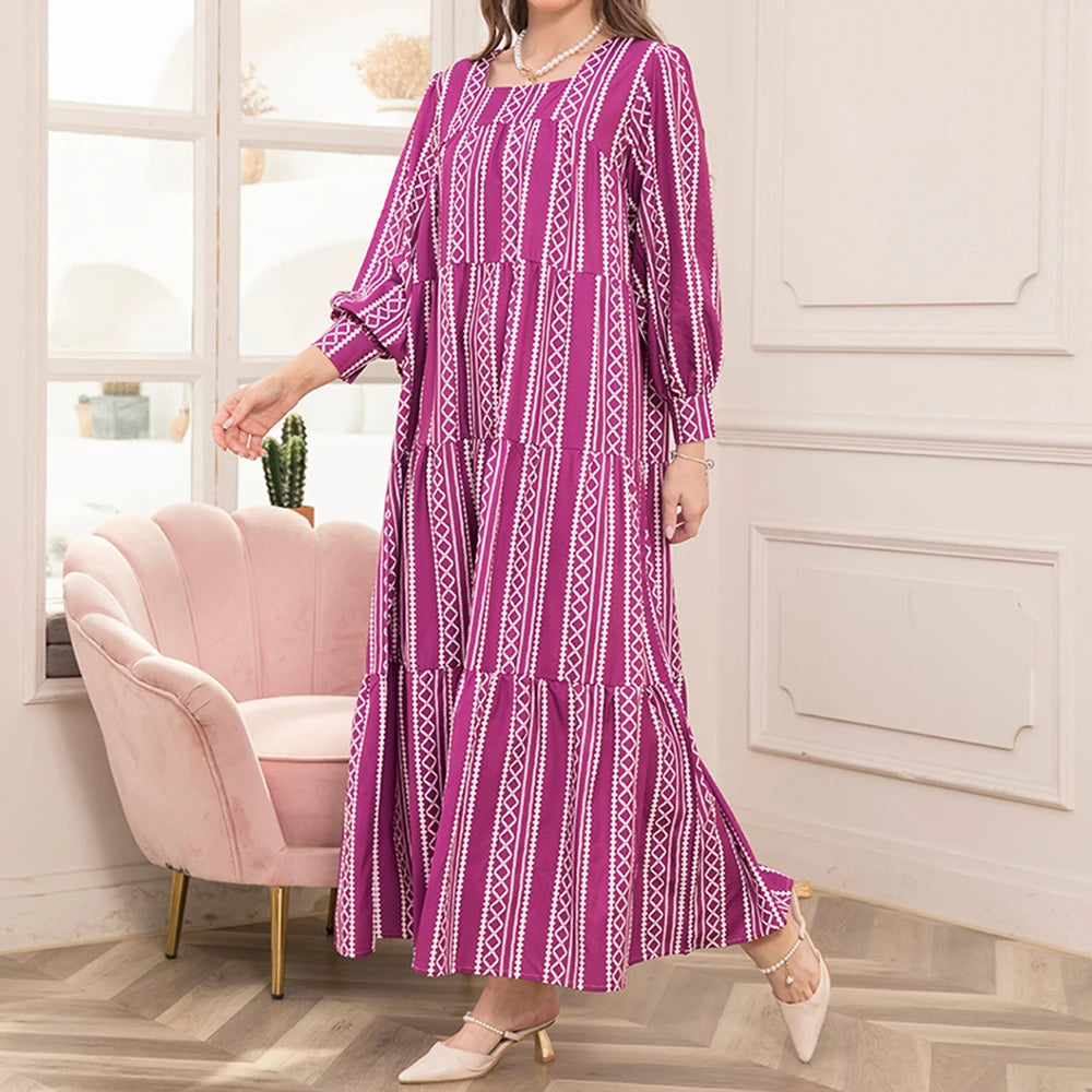 Rafiah Summer Arabian Dress 2025 Casual Basics Stripes Long Sleeve Square Neck A-Line Midi Long Dress For Women