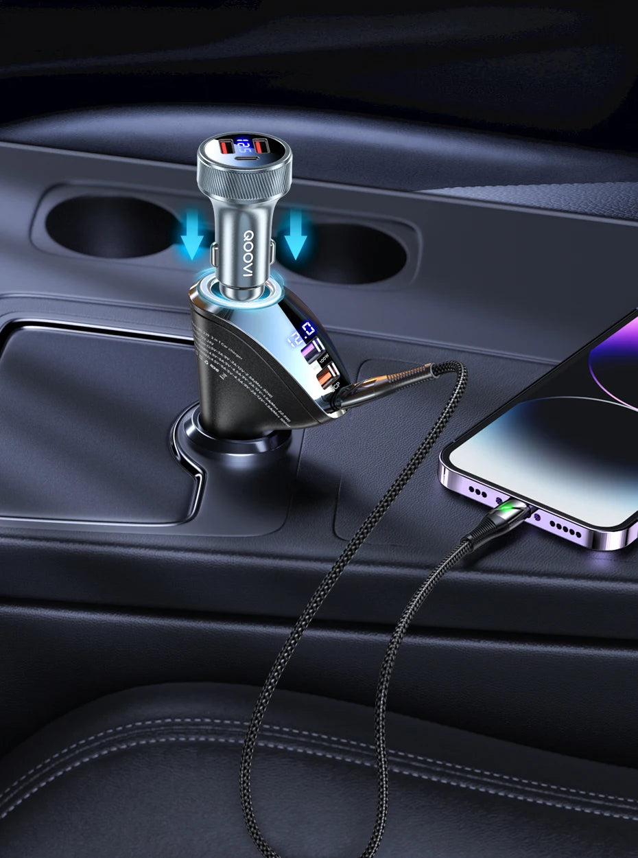 QOOVI 150W 4-Ports Car Charger USB Type C Super Fast Charging PD 4.0 Cigarette Lighter Socket For iPhone Xiaomi Samsung Huawei