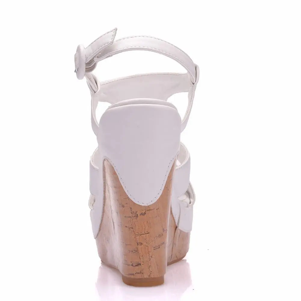 Women’s Summer Flock Sandals – 12CM Wedge Heels with Buckle Strap, White