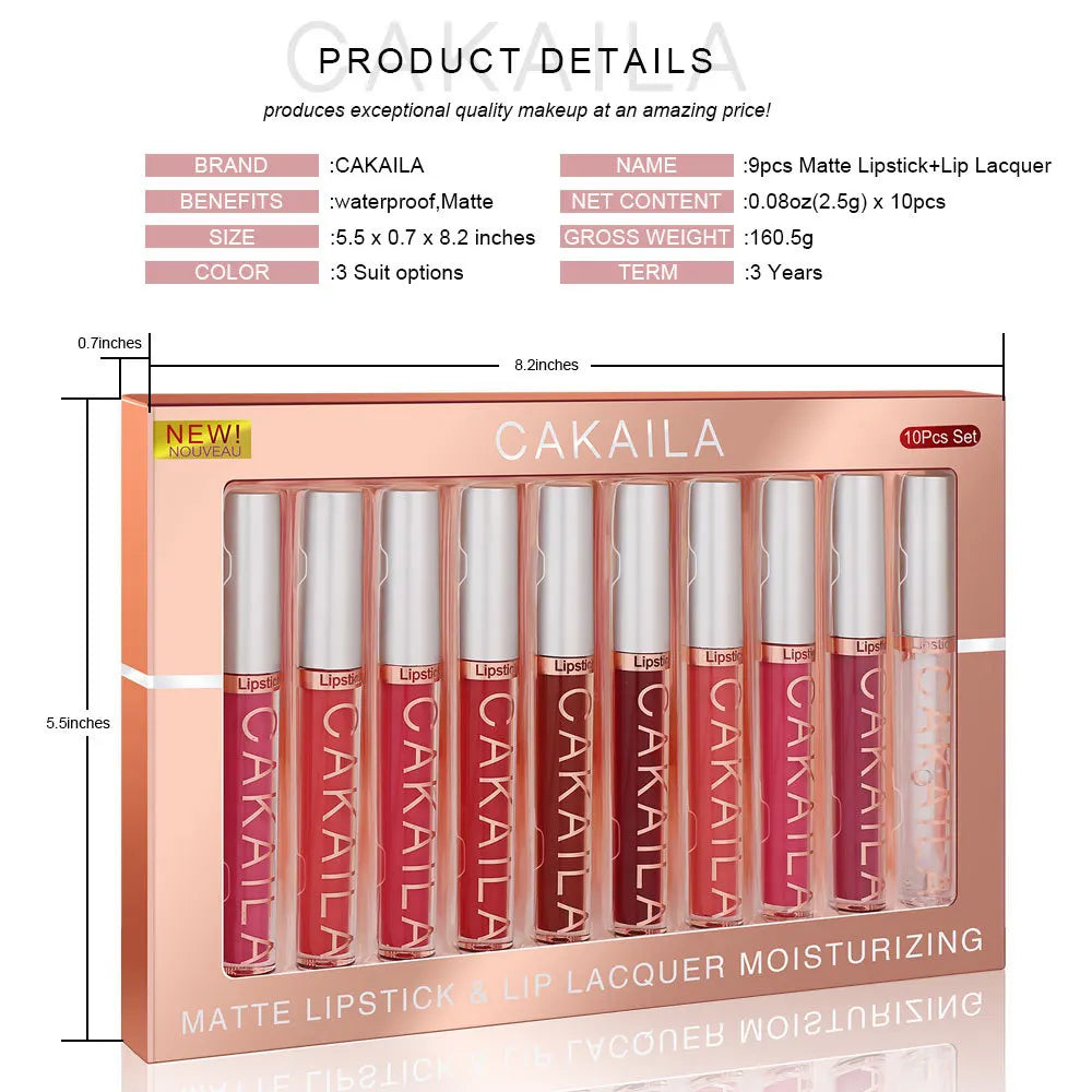 CAKAILA 10pcs/set Nude Lip Gloss Matte Velvet Lipstick Waterproof Long-lasting Liquid Lipstick Women Moist Lip Tint