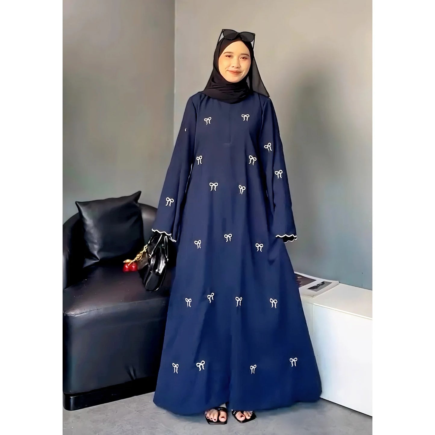 Eid Women Party Dress Muslim Abaya Bow Embroidery Modest Jalabiya Ramadan Long Dresses Abayas Vestidos Largos Kaftan Long Robe