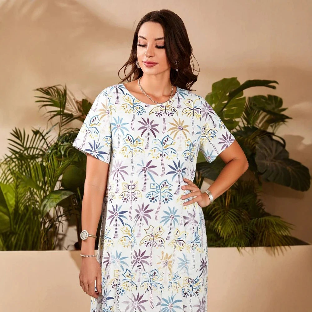 Rafiah Women's Arabian Dress Summer Chic VacationFull Print Short Sleeve Round-Neck A-Line Long Casual Dress