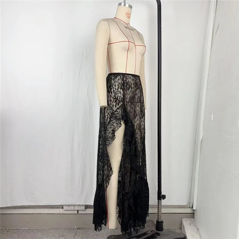 Shestyle Lace Transparent Long Skirts for Women Asymmetrical Floral Ruffles Summer 2025 Nre Stylish Outfits Holiday Slit Elegant