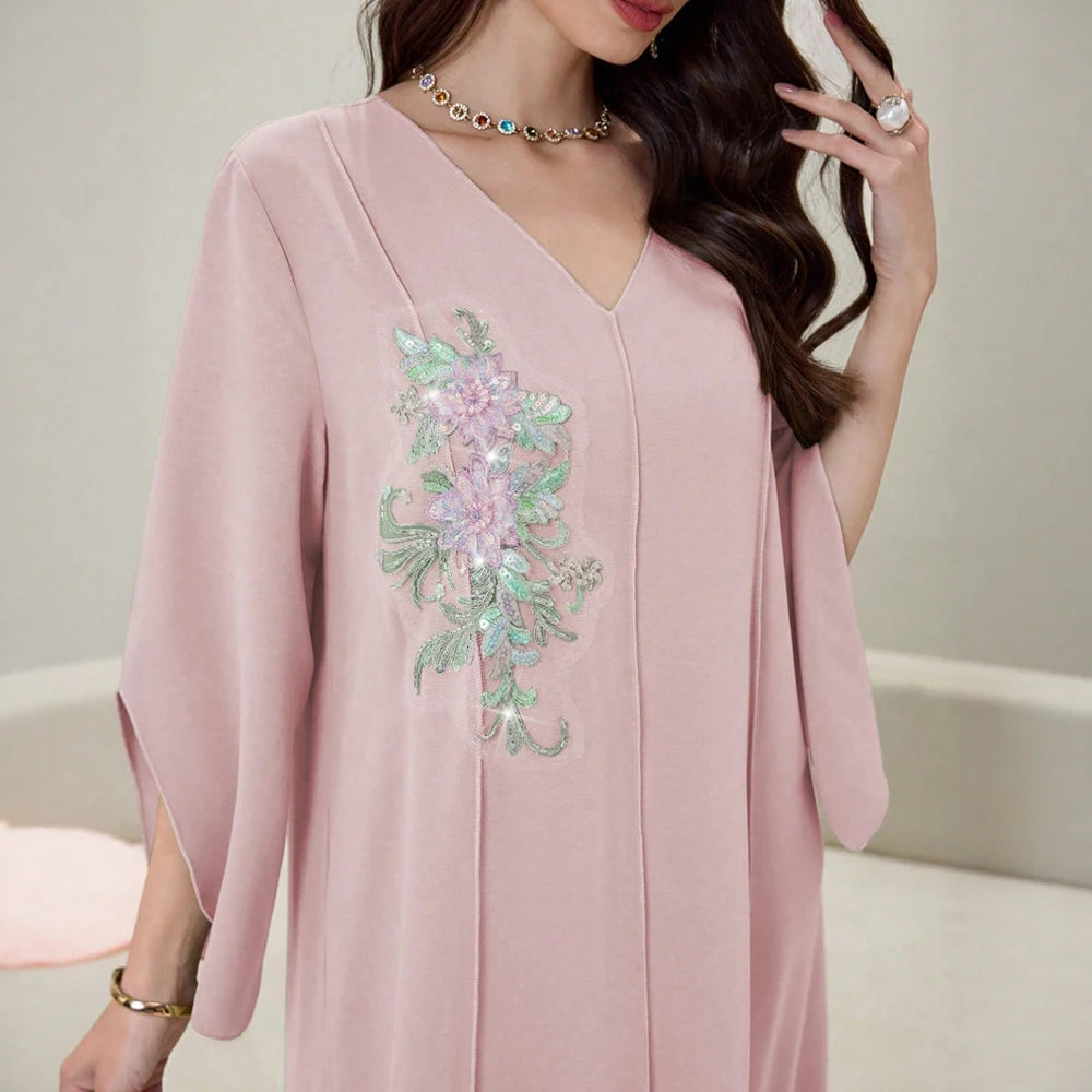 Rafiah Summer Dresses 2025 Women's Appliques Plain Draped Long Flare Sleeve V-Neck Loose Fit Basics Arabian Midi Dress