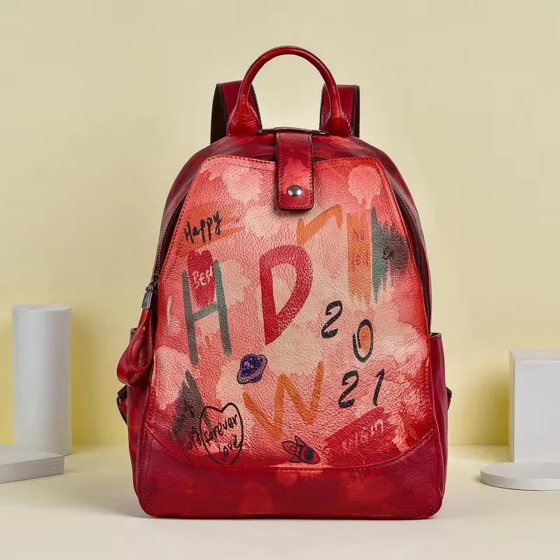 MOTAORA 2025 New Retro Genuine Leather Backpack For Women Hand-painted Graffiti Design Cowhide Travel Bag For Everyday Use