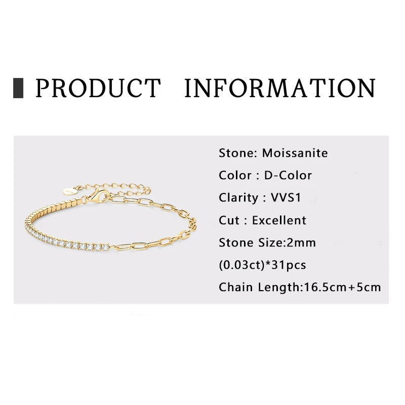 Lnngy 2mm Moissanite Bracelet Korean Ins 925 Sterling Silver Paper Clip Chain Adjustable Bracelets For Women Simple Hand Jewerly