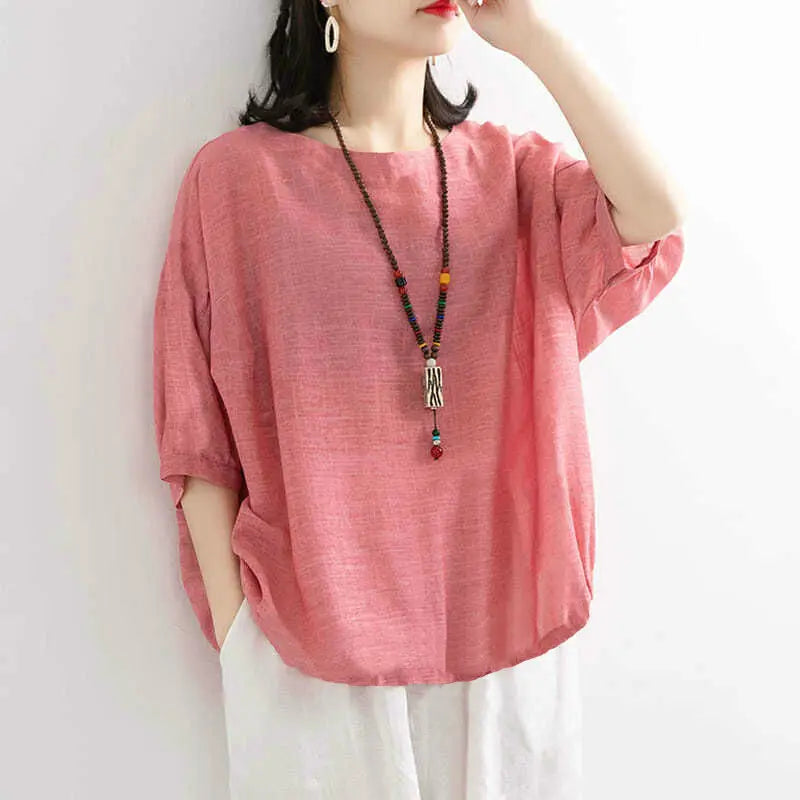 plus Size Women's Cotton T-irt ort Sve Summer New Sle Pure Linen Mid-Age Women's Faionable Commute Ethnic Sle Lo...