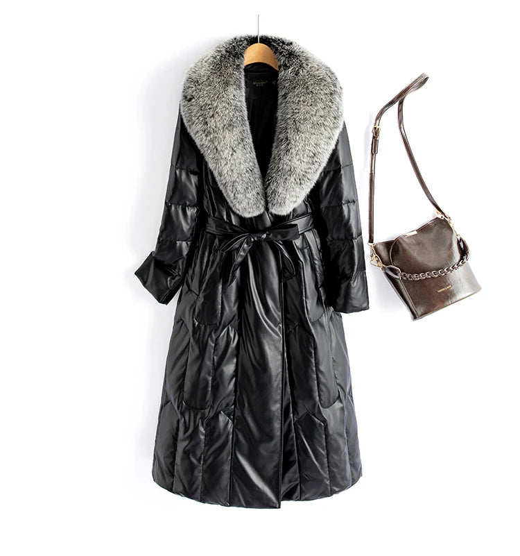 New Women Winter Leather Down Coat Fashion Real Fox Fur Collar Slim Waist Long Leather Coat Casual Thick Warm Overcoat