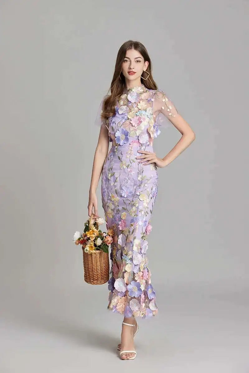 French Luxury 3D Flower Fishtail Lace Prom Dress – Women's Summer Short Sleeve Midi Evening Dress