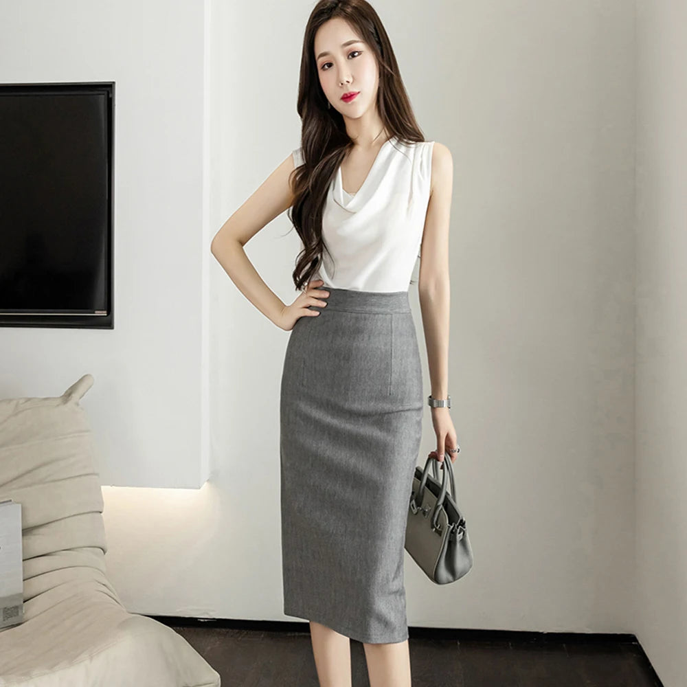 Classic Vintage Gray Red Stretch Pencil Skirts For Women Office Lady Formal Black Midi Skirts Elegant Female Package Hip Skirts