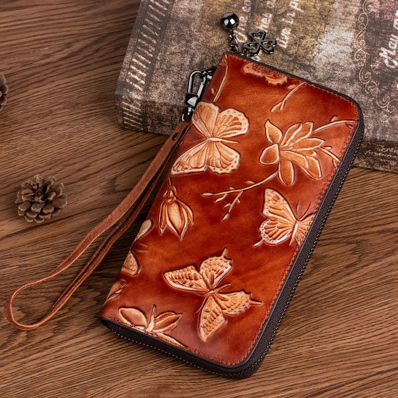 MOTAORA 2025 New Genuine Leather Women Wallet Vintage Embossed Long Purse For Women Hand Painted Butterfly Wallet ID Card Holder