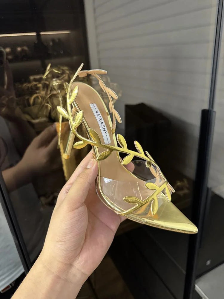 Gold High Heels Women 2025 Summer New Metal Patent Leather Leaf Thin Heel Pointed Open Toe Purple Sandals