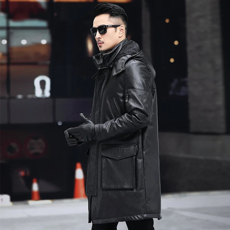 Men's Leather Down Coat, Mid Length, Hooded, Thick Warm Jacket, Large Size Outerwear, Business Male Coat, Winter