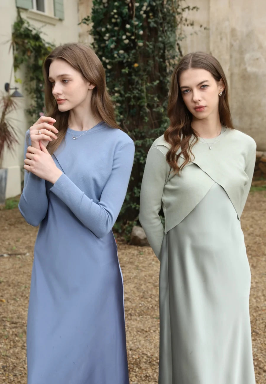 AS 2025 Spring/Summer Elegance Satin Maxi Dress & Knitted Top Set