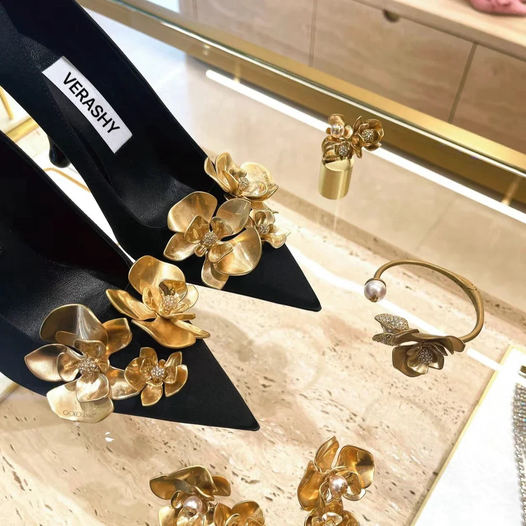Satin Designer Women Pumps 2025 Sexy Pointed Toe Gold Flower Decoration Thin High Heels Fashion Banquet Dress Mules Shoes