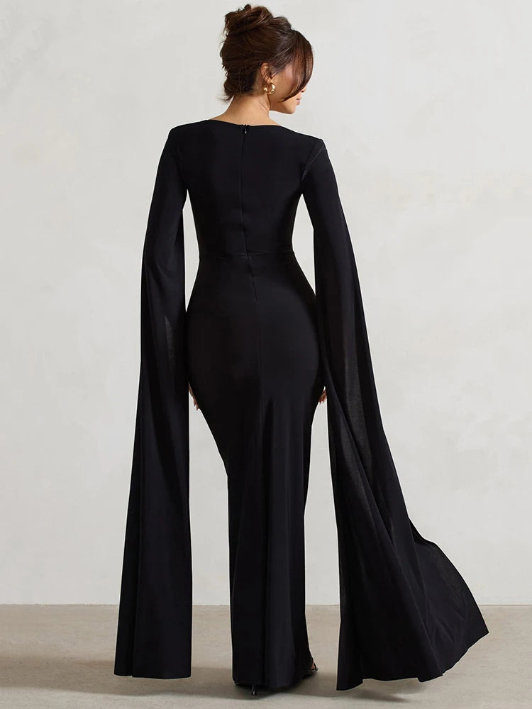 Mozision Long Cape Sleeve Split Maxi Dress For Women Gown Fashion Solid Square Collar Evening Sexy Long Dress Elegant New